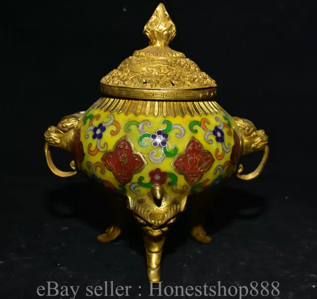 8.8" Old Chinese Cloisonne Enamel Gilt Dynasty Double ear Beast handle Censer