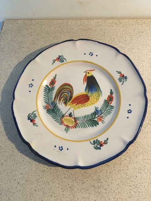 Ancienne assiette déco style quimper france céramique dessin coq vintage