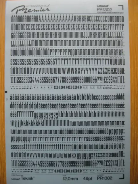.1 x Letraset Rub-on Black Letters/Numbers 48pt 12mm Teknik Sheet PR1302