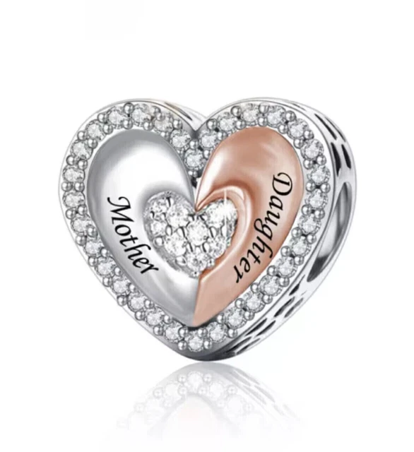 Mother Daughter Rose Gold Heart Charm Sterling Silver 925 Mum Mummy Love Gift