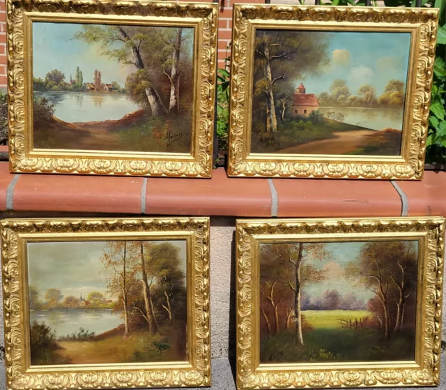 4 Tableaux signés MONIERY Paysage Bord de Rivière Peinture huile sur toile XlX°
