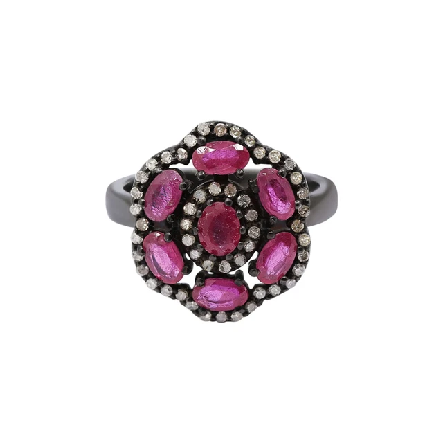 Ruby Flower Beautiful Ring 925 Sterling Silver Victorian Engagement Jewelry