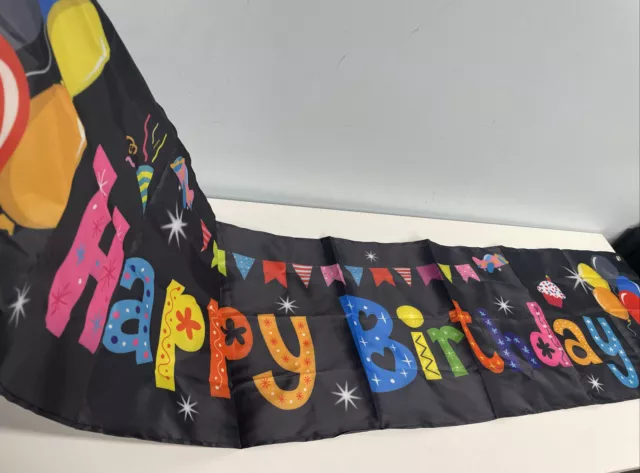 Black Happy birthday Banner 15x70 inches Grommets to help mount Printed fabric b