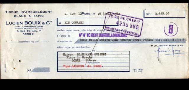 PARIS (II°) TAPISSERIES & TISSUS pour MEUBLES "Lucien BOUIX & Cie" en 1952