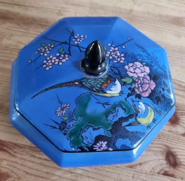 Vintage Shelley Blue Octagonal Trinket Pot & Lid Handpainted Birds Yellow Inner