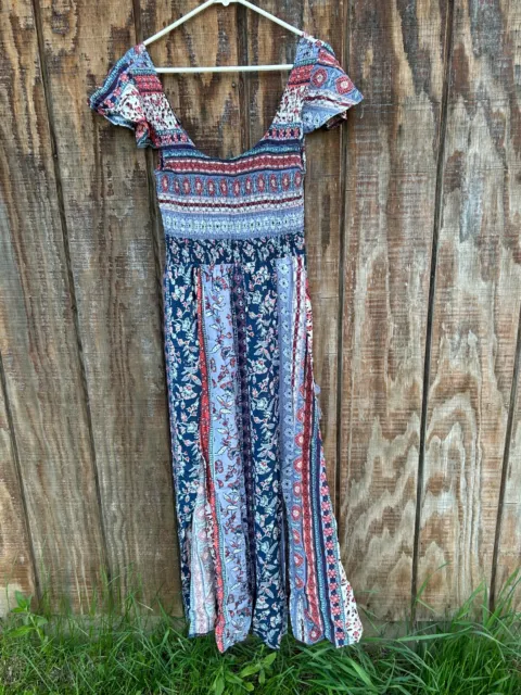 American Rag Cie Womens Off the Shoulder Floral Maxi Dress Size L Blue