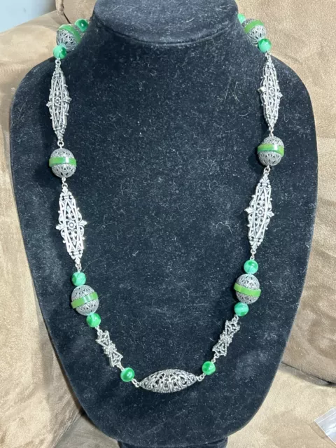 Vtg Filigree Silver Art Nouveau Floral Malachite Chunky Bead Necklace 27”90.9g