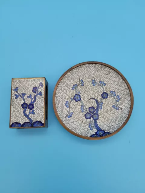 Vintage Cloisonne Match Box Holder Blue Enamel Flowers on Brass 2.5" & Plate