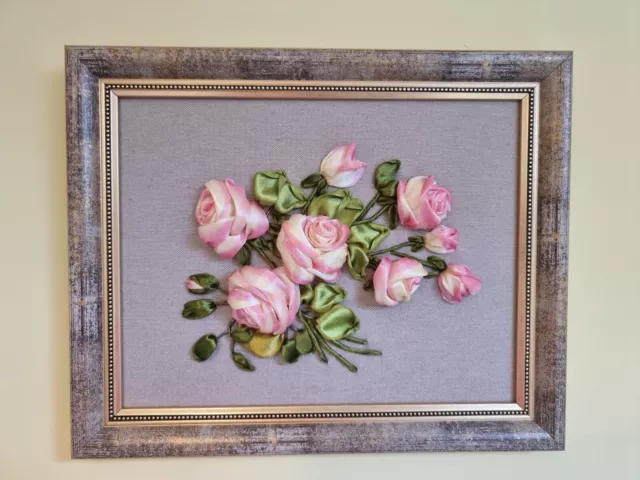 MEDIUM HANDMADE - Roses - 3D silk ribbon embroidery - art - picture