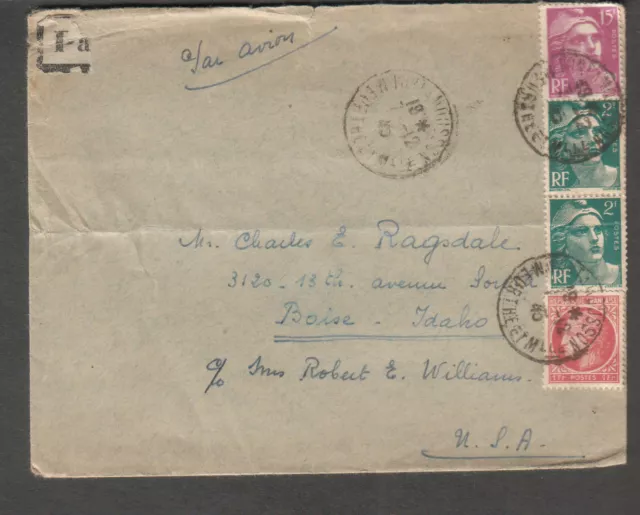 France Dec 1945 post WWII cover Pont a Mousson Meurthe et Moselle to Boise ID