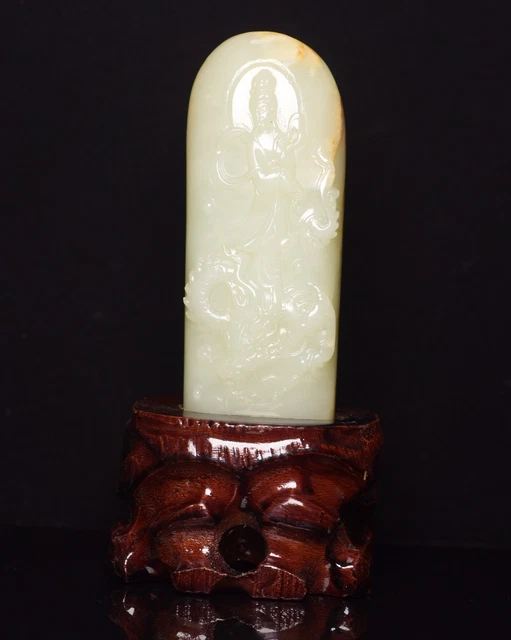 Chinese Exquisite Handmade Guanyin dragon Carving Hetian Jade Statue
