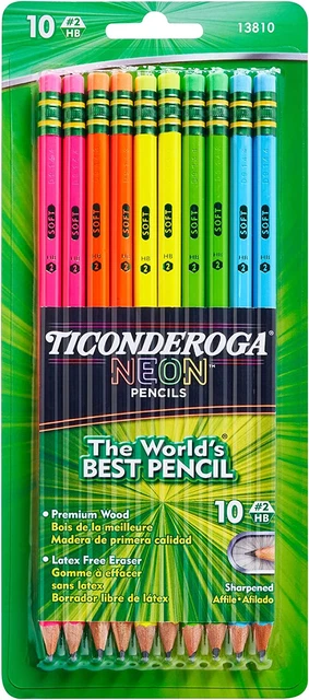 Ticonderoga Wood-Cased Pencils, Pre-Sharpened, 2 HB Soft, Neon Colors, 10 Count
