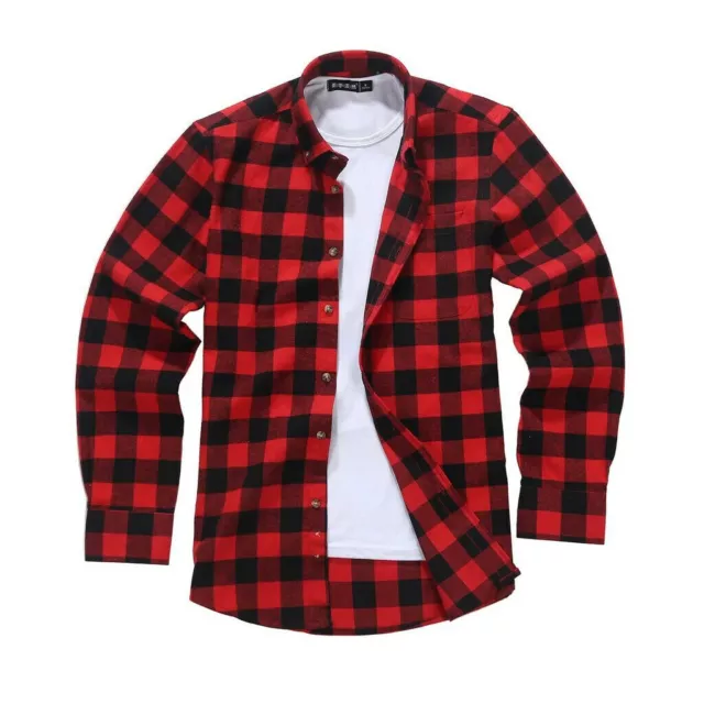 Tartan Flannel Mens Lumberjack Shirt Casual Vintage Red Black Plaid,Size S - 3XL