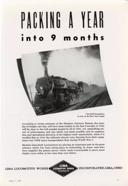 1942 Lima Locomotive Works Ad New York Central Railway Steam Train Freight