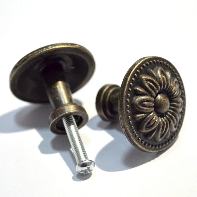 8 PCS Round Bronze Knobs Antique Drawer Handles Vintage Decorative Floral Pulls