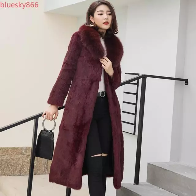 Lady Real Rabbit Fur Coat with Fox Fur Collar Women Long Trench Coat Overcoat 3