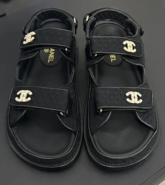 Chanel 2021 Dad Sandals All Black Leather 38.5 21S G31848