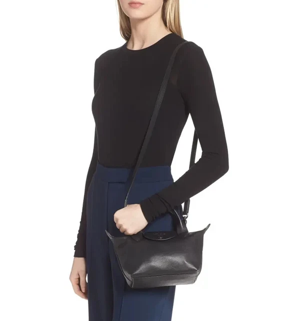 $380 Longchamp Le Pliage Cuir Leather Top Handle Shoulder Crossbody Bag S Black