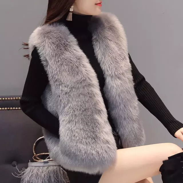 Femmes Fausse Fourrure Gilet Manteau sans Manche Pull Ouvert Avant Chaud Hiver