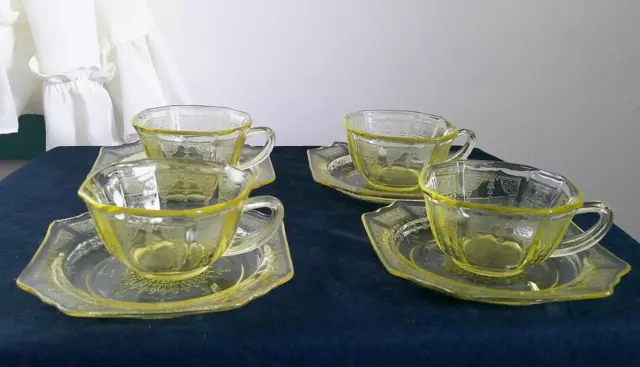 4 Hocking Topaz Princess Cups with no rim saucers/ bread plates