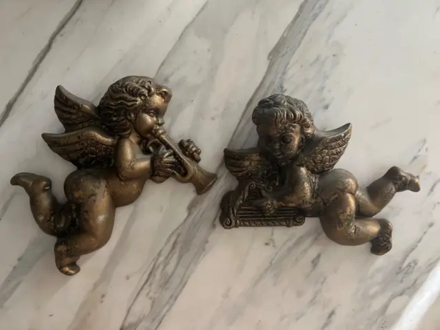 pair antique/vintage angels cherubs wooden gold plaques architectural salvage?
