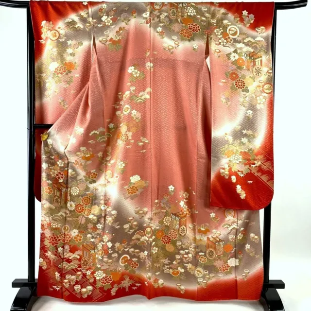 Japanese kimono SILK"FURISODE" long sleeves, Gold thread/leaf,Coach, L5'5"..3286 2