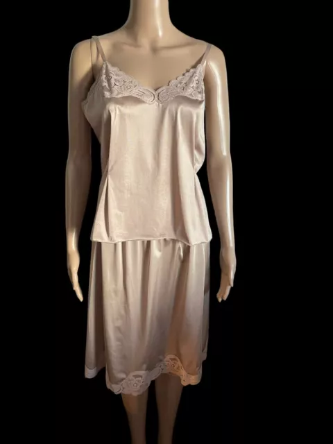 VTG 70s Vanity Fair Lace 2 Pc Camisole & Slip Set Tan Suntan Nylon EUC 36 Medium