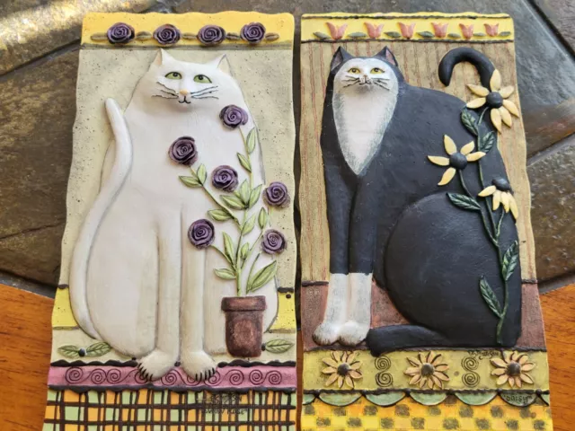 2 Set of Vintage E. Smithson Cats Resin Wall Hanging Plaques 3D Folk Art