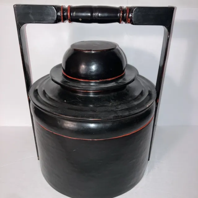 Large Antique Burmese Black and Red Lacquer Tiffin Box/Stacking Lunch Box Handcr