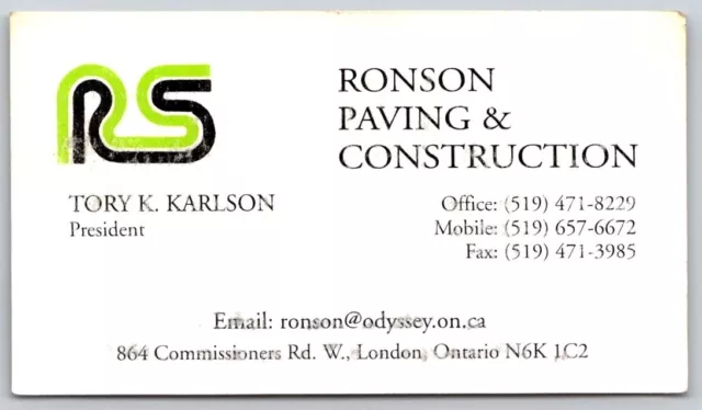 Business Card London ON RS Ronson Paving & Construction Tory K Karlson