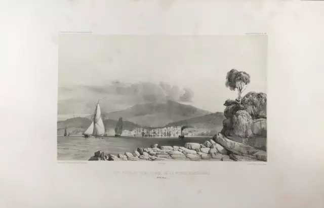 “VUE D'HOBART-TOWN, PRISE DE LA POINTE KANGOUROU", Dumont d'Urville, 1842.