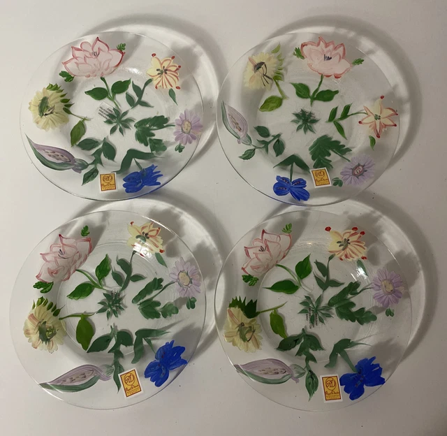 Royal Danube Crystal Plates Dessert/Salad/Luncheon Hand Painted Flowers Set of 4