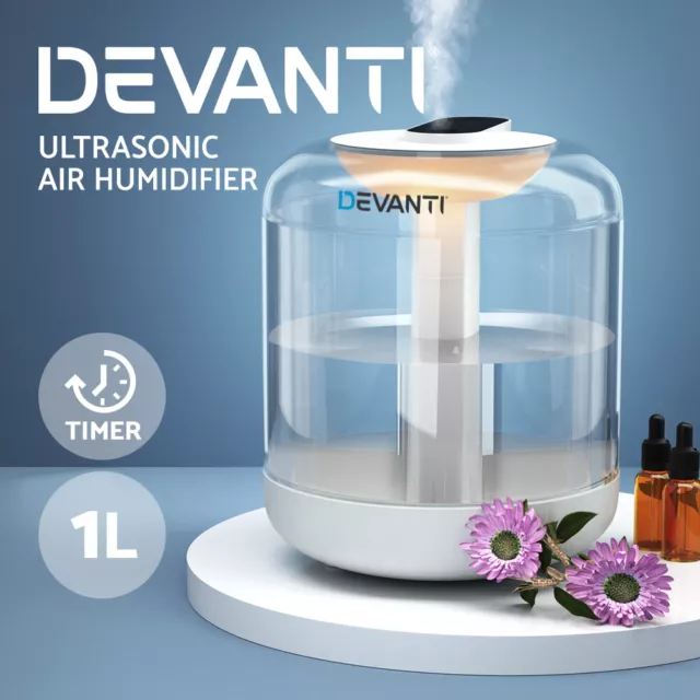 Devanti 1L Air Humidifier Ultrasonic Purifier Aroma Diffuser Aromatherapy LED