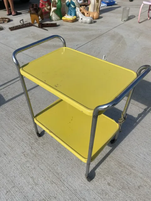 Vintage MCM Costco 2 Tier Yellow Shelf Chrome Handle Metal Utility Cart BLHN