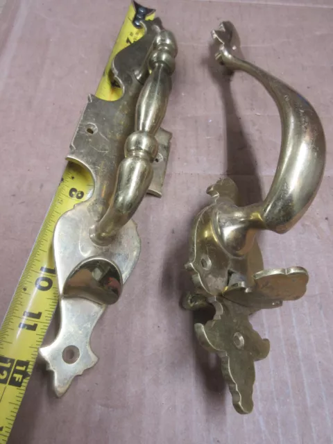 2 ornate solid brass door pull handles & back plates large heavy door hardware