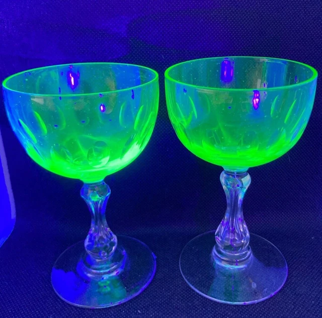 Pair! Antique Uranium Loetz Vaseline Glass Cups Pedestal Wine Liquor Beakers