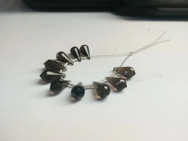 AAA  SMOKY QUARTZ FACETED FANCY DROPS BRIOLETTE  5.5x12 MM 10 BEADS STRANDS