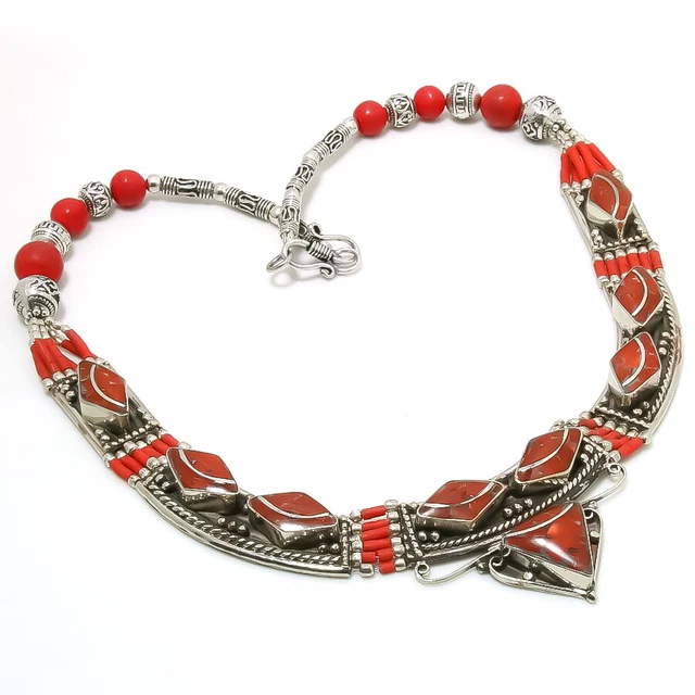 Red Coral Handmade Bohemian Fashion Gemstone Jewelry Nepali Necklace 18" NN 3077