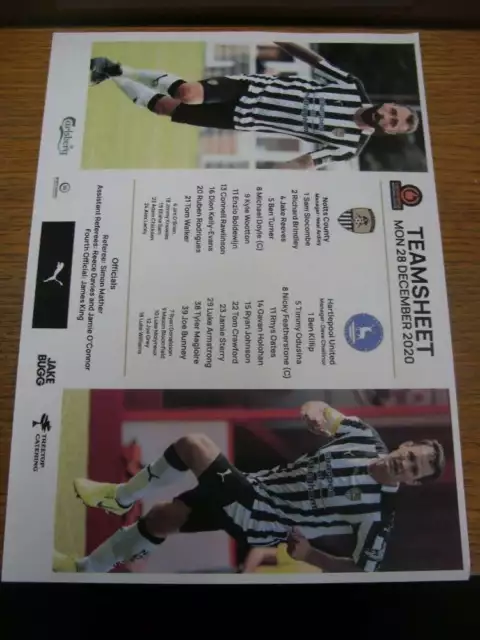 28/12/2020 Colour Teamsheet: Notts County v Hartlepool United