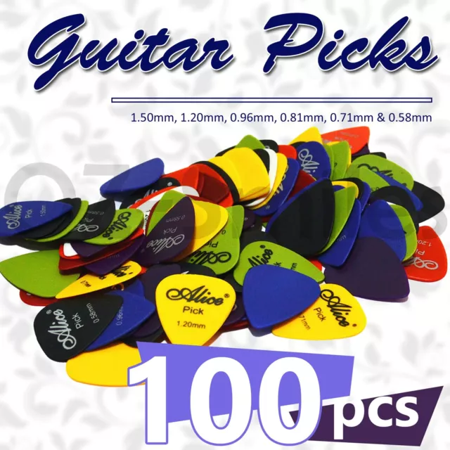 100x ALICE Guitar Picks Bulk Coloured Celluloid Plectrums Standard Mixed Gauges