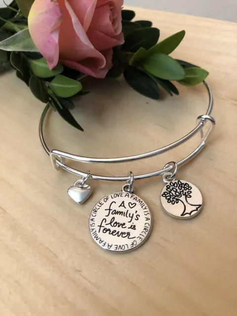 A Family's Love is Forever Silver charm Expandable Bangle Bracelet