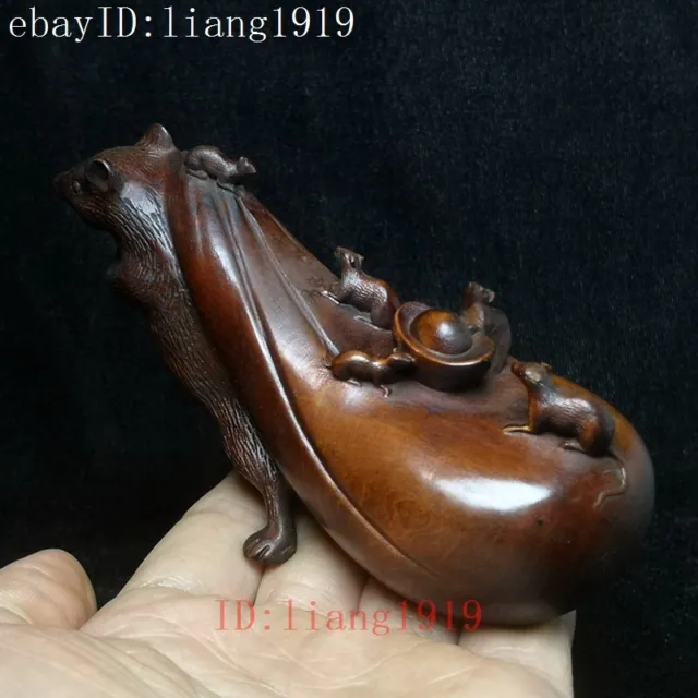 Old Chinese boxwood hand carved wealth bag mouse Statue decoration Gift L 4.8 in 2