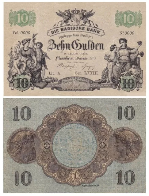 10 Gulden,  Zehn Gulden, Die Badische Bank, 1870, Reproduktion