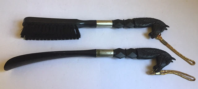 Vintage Horse Head Equestrian Shoe Brush and Shoehorn Set Black