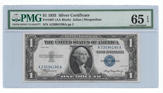 1935 Plain $1 SILVER CERTIFICATE. PMG GEM Uncirculated 65 EPQ. A/A Block