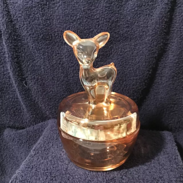 Vintage Jeanette Marigold Carnival Glass FAWN Deer Powder Trinket Covered Dish