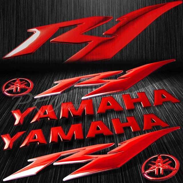8" 3D Logo+Letter Decal+6" Fairing Emblem Sticker for YZF-R1/R1S/R1M Chromed Red