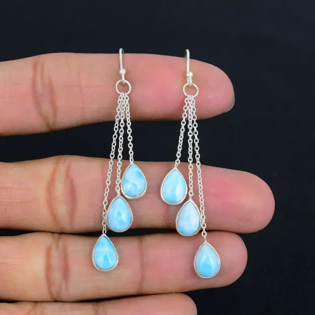 Natural Larimar Gemstone Solid 925 Sterling Silver Earrings Jewelry Gift E-2324