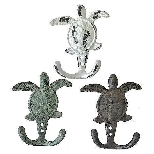 Three Sea Turtle Wall Hooks Cast Iron Double 4.5" White, Verdigris and Rustic