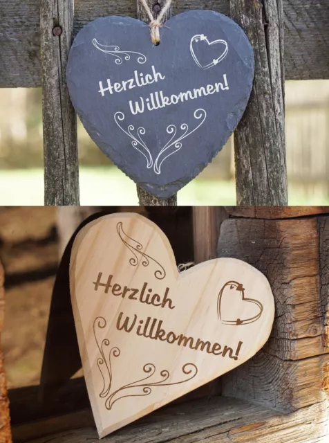 Schiefer od. Holz Herz Geschenk Idee Herz Garten Eingang Motiv „Willkommen"